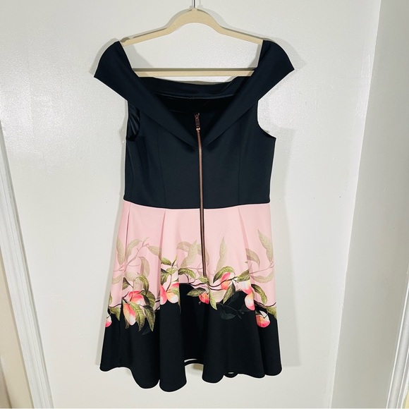 NWT Ted Baker London Peach Blossom Off-Shoulder Dress Black Floral Size 10 - Picture 9 of 12
